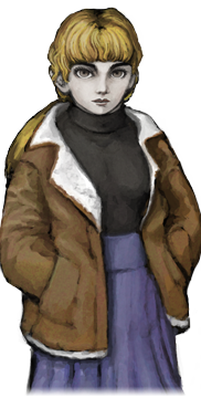 Karin is a woman with blonde hair and dark eyebrows. the roots are dark, implying she bleaches her hair. she is wearing a black turtleneck and a purple skirt. she wears a brown jacket with a white fur lining, and she has her hands in her pockets